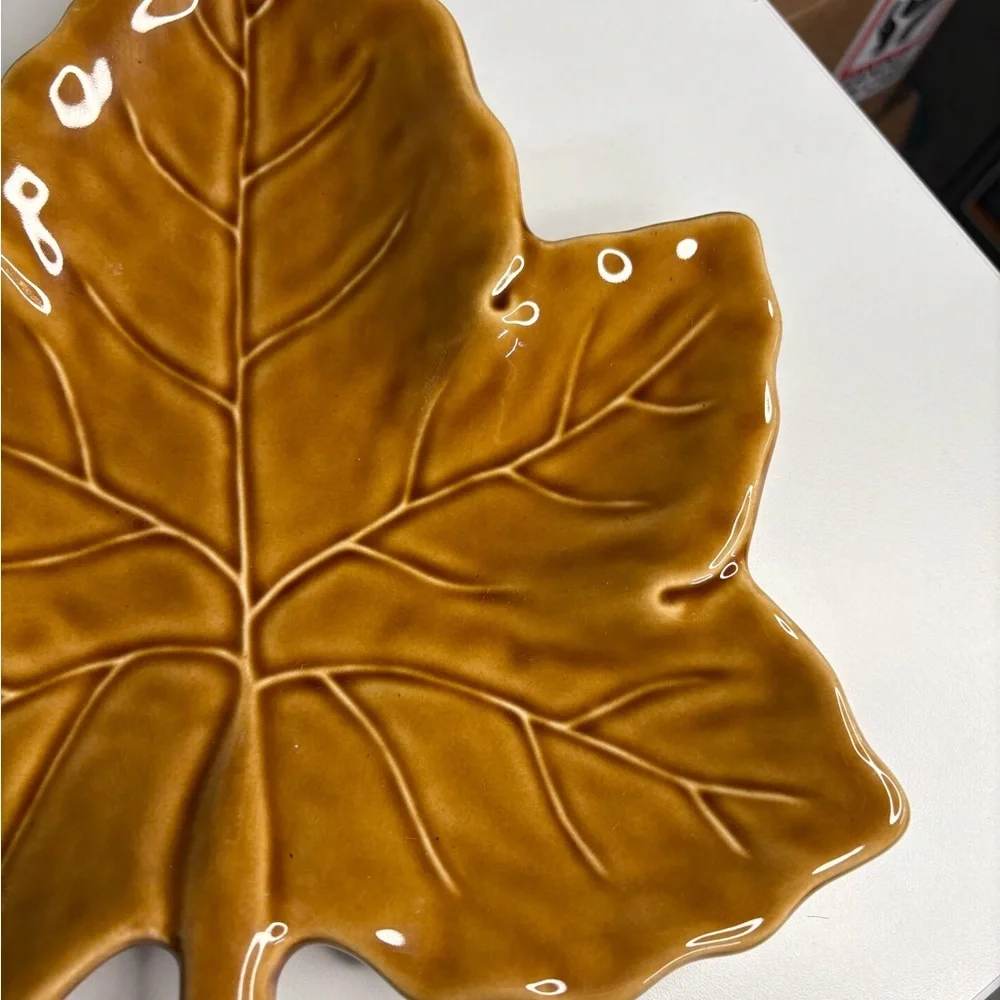 Ceramic Maple Leaf Decorative Plate in Mustard Brown - Home Art Pottery Barn